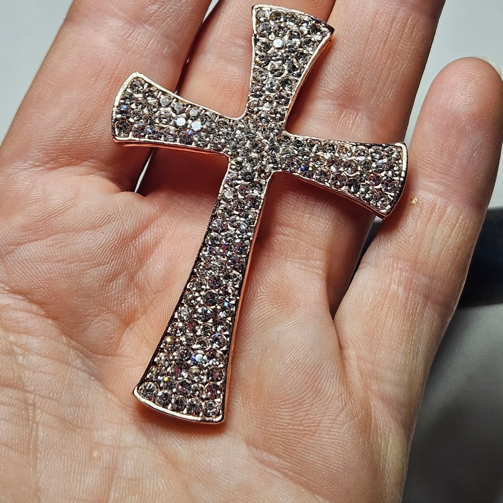 Cross Brooch Pin Women OS Rose Gold Rhinestone Religious Bling Formal